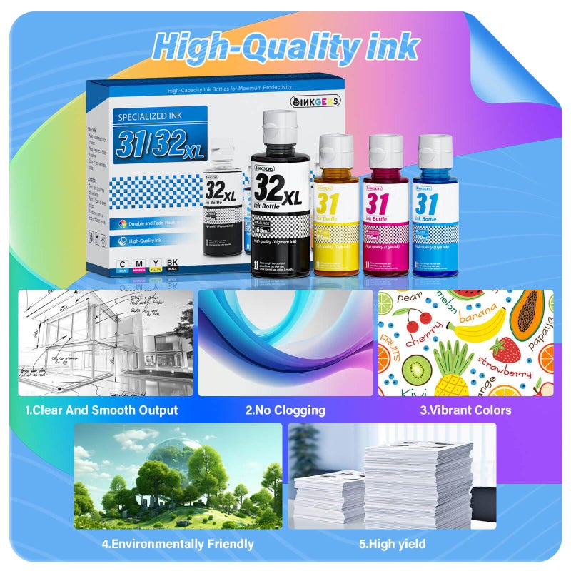 inkgens 31 32XL Ink Bottle Set Refill for HP Smart Tank 7600 7602 7300 7301 7001, 5000 5101 5102, 6000 6001 651 551 Printer. Black CMY - Image 4