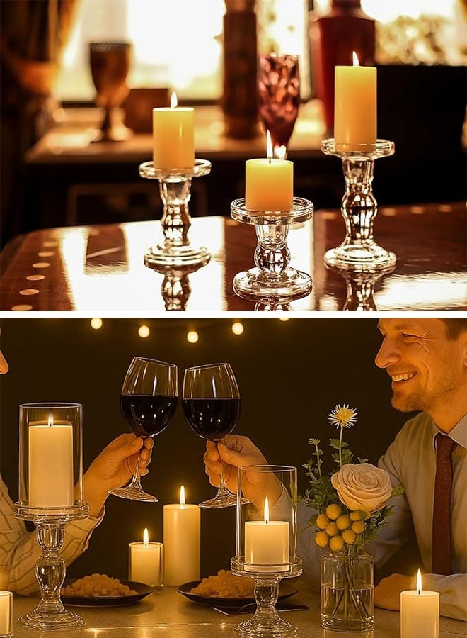 حاملات الشموع، مجموعة حاملات الشموع الزجاجية الشفافة، 3 حاملات شموع شفافة من الكريستال بتصميم أنيق للشموع العمودية المدببة وشمعة الشاي، حامل شموع مزخرف بقاعدة متينة غير قابلة للانزلاق، مجموعة حاملات الشموع الزجاجية لحفلات الزفاف وتناول الطعام وحفلات الطاولة والديكورات الاحتفالية - Image 4