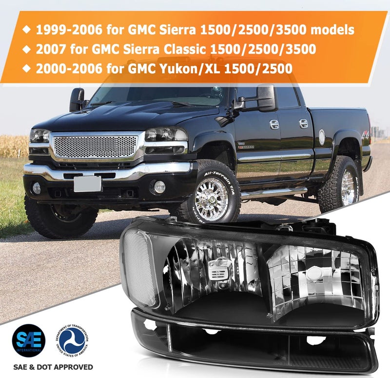 LBRST Headlight Assembly Compatible with 1999-2006 for GMC Sierra 1500 2007 for GMC Sierra 1500 Classic Black Housing Clear Reflector Clear Lens Driver and Passenger Side Headlamp - Image 2