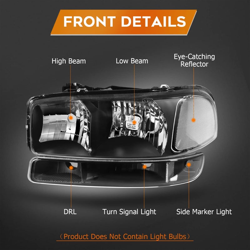 LBRST Headlight Assembly Compatible with 1999-2006 for GMC Sierra 1500 2007 for GMC Sierra 1500 Classic Black Housing Clear Reflector Clear Lens Driver and Passenger Side Headlamp - Image 3