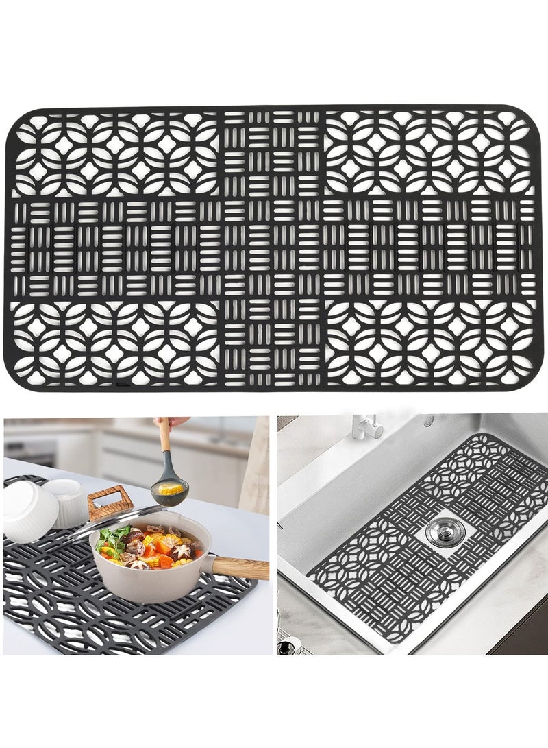 SYOSI Silicone Kitchen Sink Mat Protector 26"x13.78" Non-Slip Cut to Fit with Cutout Drain Holes Suitable for Farmhouse Stainless Steel Porcelain Sinks Black - Image 1