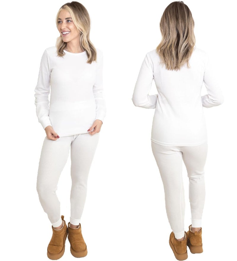 MISS POPULAR Womens 2-Piece Waffle Thermals Set | Long Sleeve Shirt, Pants | Long Johns Waffle Thermal Underwear Base Layer Set for Cold Weather (White, Large) - Image 1