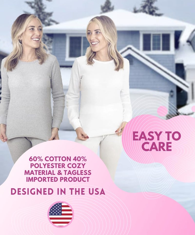 MISS POPULAR Womens 2-Piece Waffle Thermals Set | Long Sleeve Shirt, Pants | Long Johns Waffle Thermal Underwear Base Layer Set for Cold Weather (White, Large) - Image 3
