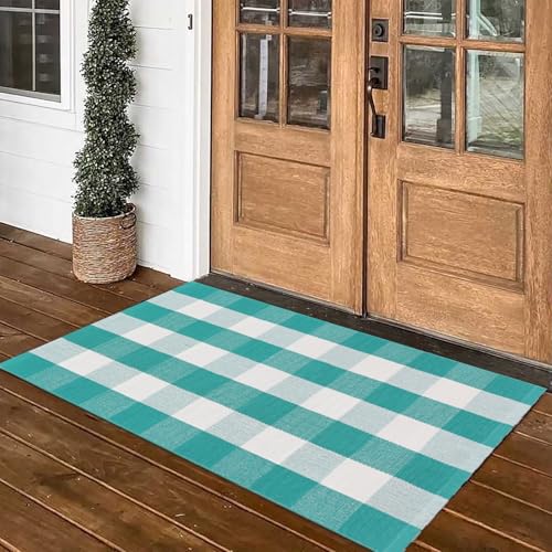 Fallovea Spring Rugs Green and White Plaid, 4'x6' Area Rug Outdoor Indoor Summer Front Porch Door Mats Cotton Hand-Woven Layered Doormat for Entryway Patio Entryway Laundry Bedroom Living Room - Image 4