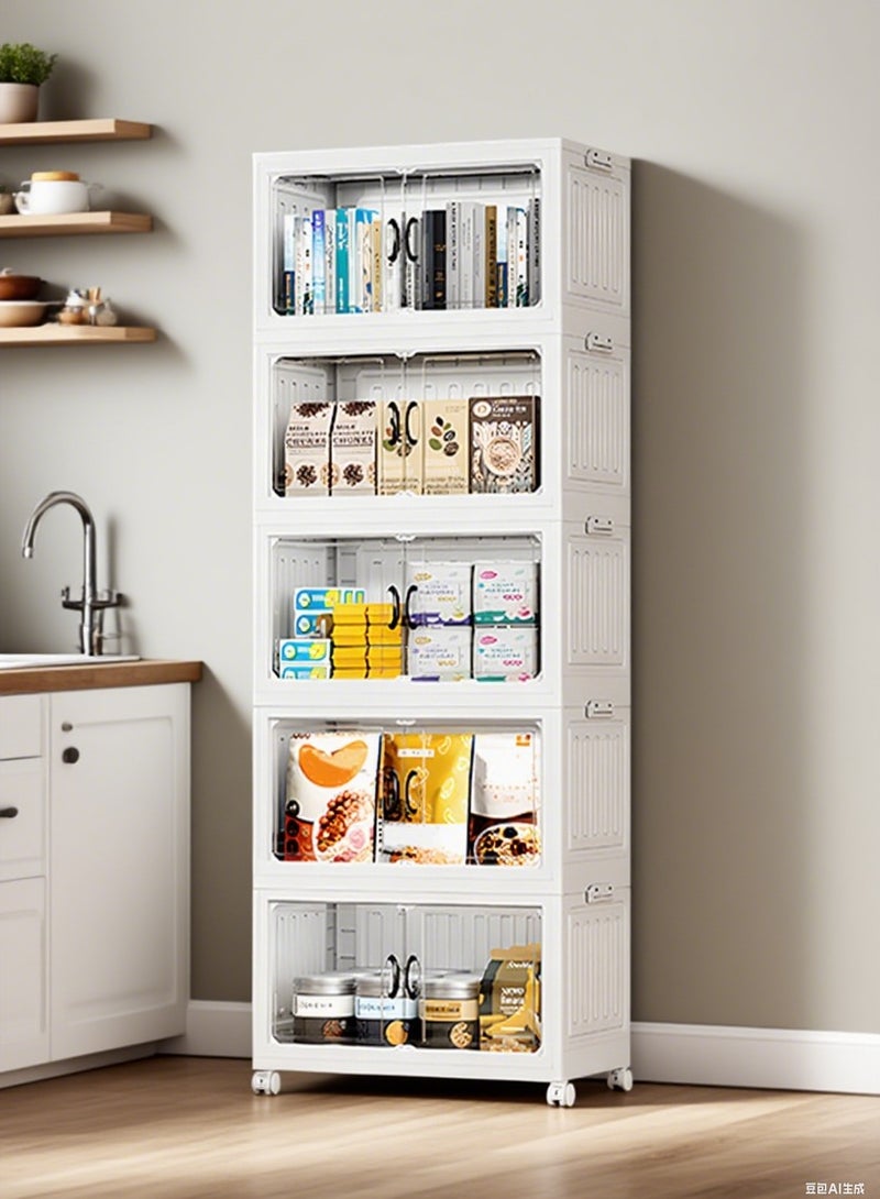 Generic 5 Layers Folding Storage Cabinet With Roller Transparent Plastic Bookcase Snacks Storage Box Wardrobe Home Furnishing Easy to Assemble for Living Room, Kitchen, Bedroom 136x50x30cm  - Image 1