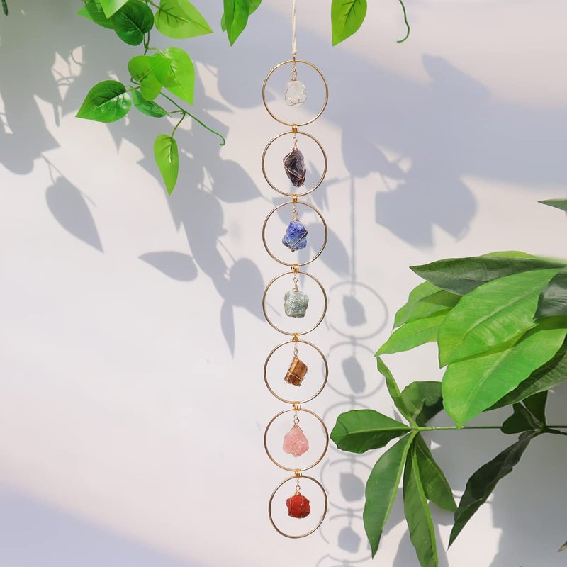 Pozbee 7 Chakra Crystal Hanging Ornament Unique Spiritual Boho Wall Decor Raw Chakra Stones Amethyst Suncatcher Rose Quartz Healing Crystal Gold