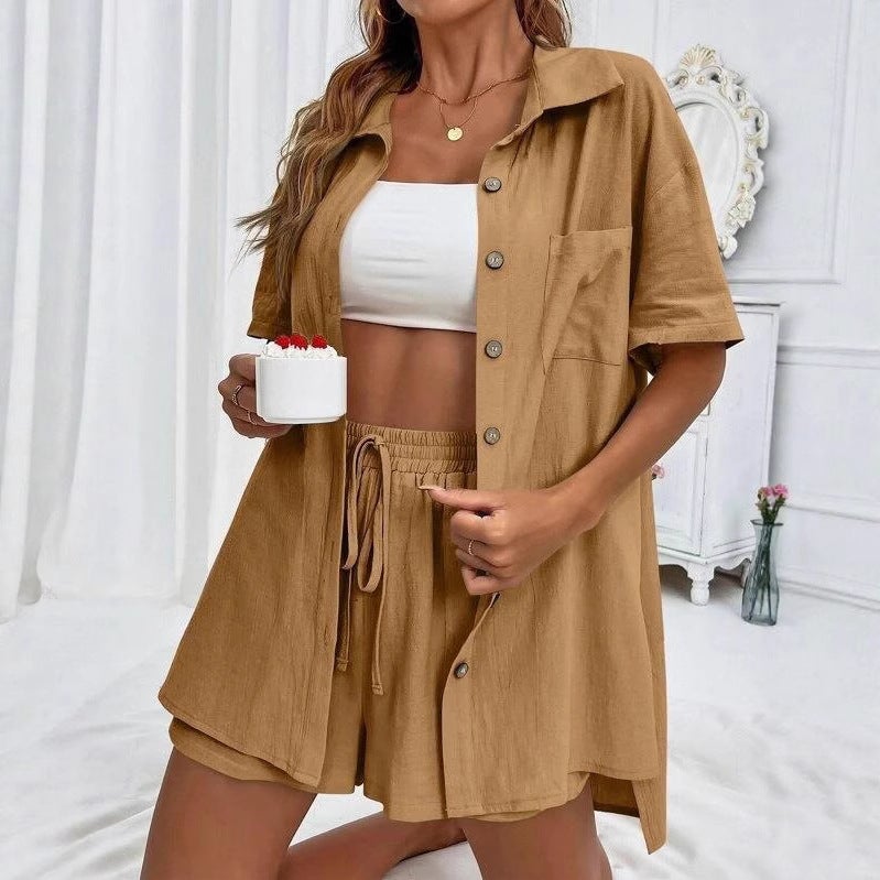 Women's Solid Color Casual Short Sleeve Shirt & Shorts Set - Image 2