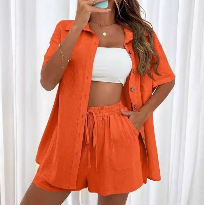 Women's Solid Color Casual Short Sleeve Shirt & Shorts Set - Image 1