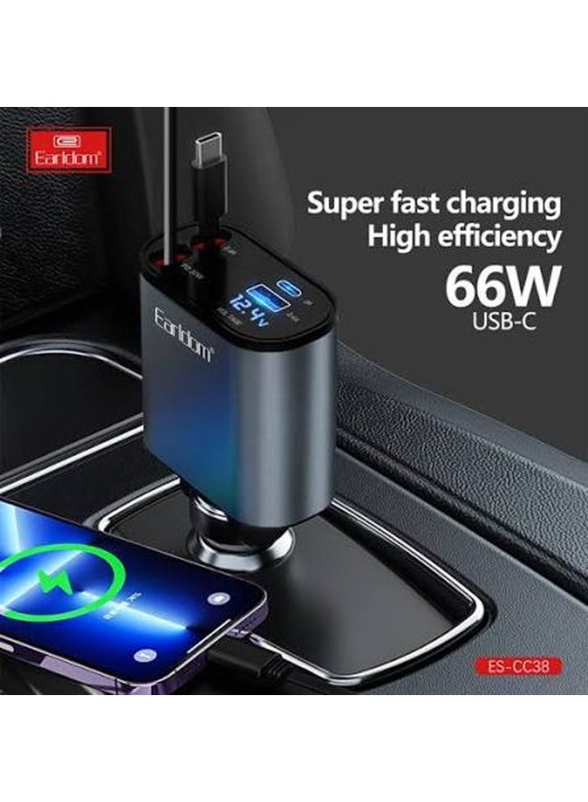 Earldom Earl­dom ES-CC38 66W Retractable Car Charger with Built in 80cm Type-C and Lightning Cables Multi-Port Fast Charging Adapter for 12V-24V - Image 2