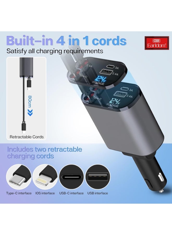 Earldom Earl­dom ES-CC38 66W Retractable Car Charger with Built in 80cm Type-C and Lightning Cables Multi-Port Fast Charging Adapter for 12V-24V - Image 5