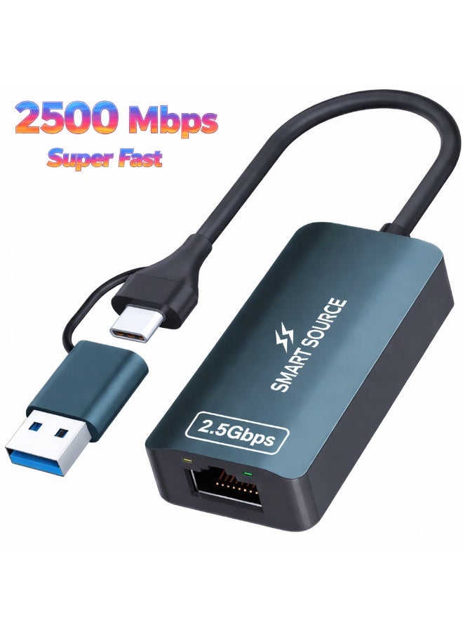 SMART SOURCE 2.5Gbps USB-C & USB-A To Ethernet Adapter – 2-In-1 Gigabit LAN Network Converter, High-Speed RJ45 Wired Internet Adapter For MacBook, Laptop, PC, Windows, Mac, USB Type-C Devices - Image 1