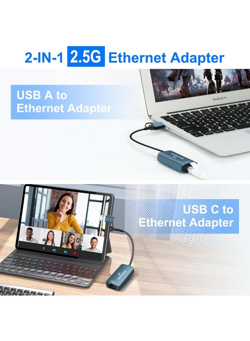 SMART SOURCE 2.5Gbps USB-C & USB-A To Ethernet Adapter – 2-In-1 Gigabit LAN Network Converter, High-Speed RJ45 Wired Internet Adapter For MacBook, Laptop, PC, Windows, Mac, USB Type-C Devices - Image 2