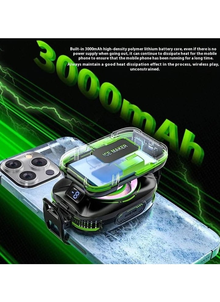 Generic Mobile Gaming Cooling Fan, ICE Maker Cooler, RGB LED Light, 3000mAh External Battery, Temperature Display, Phone Cooler, Live Streaming Radiator, Black/Green  - Image 2