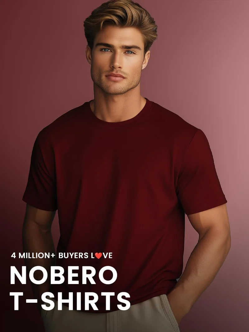 نوبيرو Men's Cotton Solid Regular Fit T-Shirt - Pack of 3