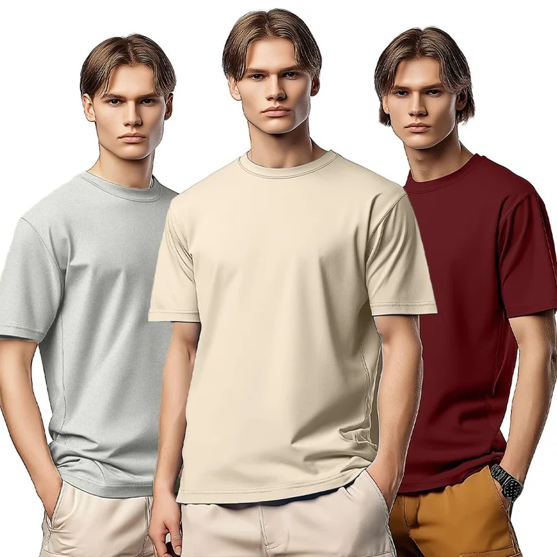 نوبيرو Men's Cotton Solid Regular Fit T-Shirt - Pack of 3