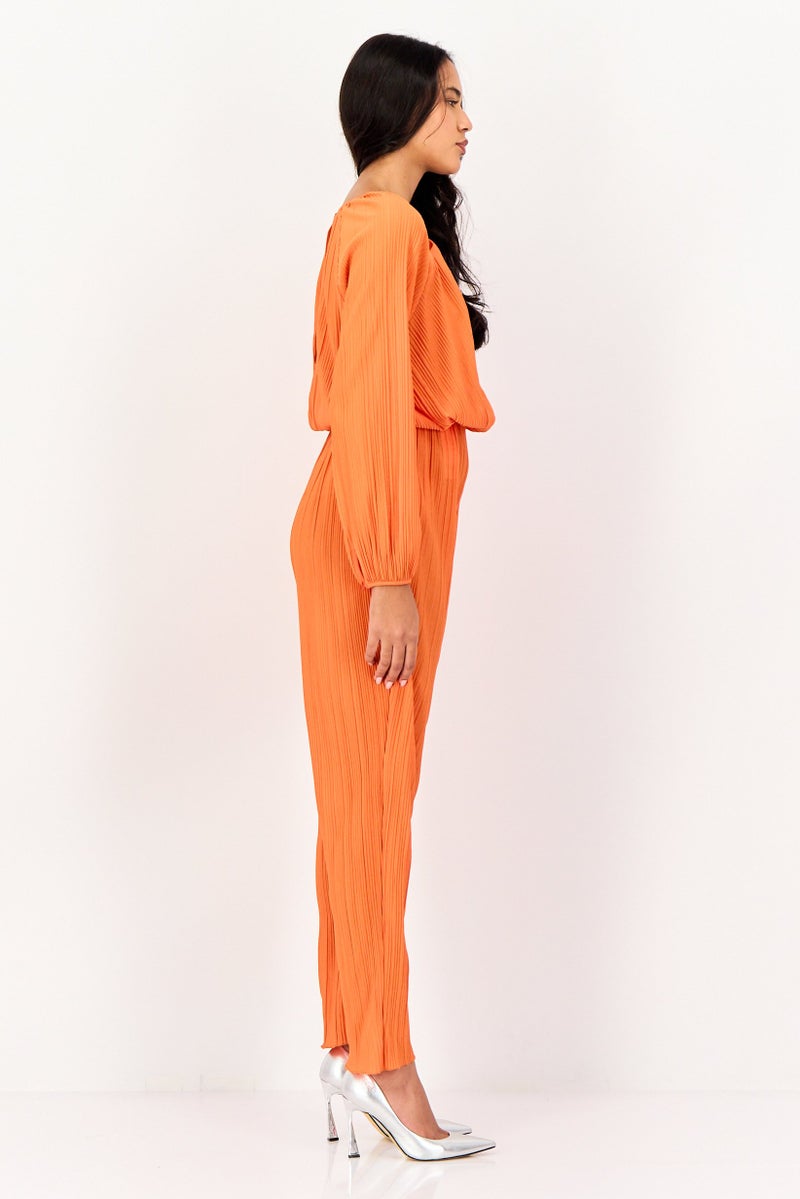 promod Women Textured Long Sleeve Jumpsuit, Orange - Image 3