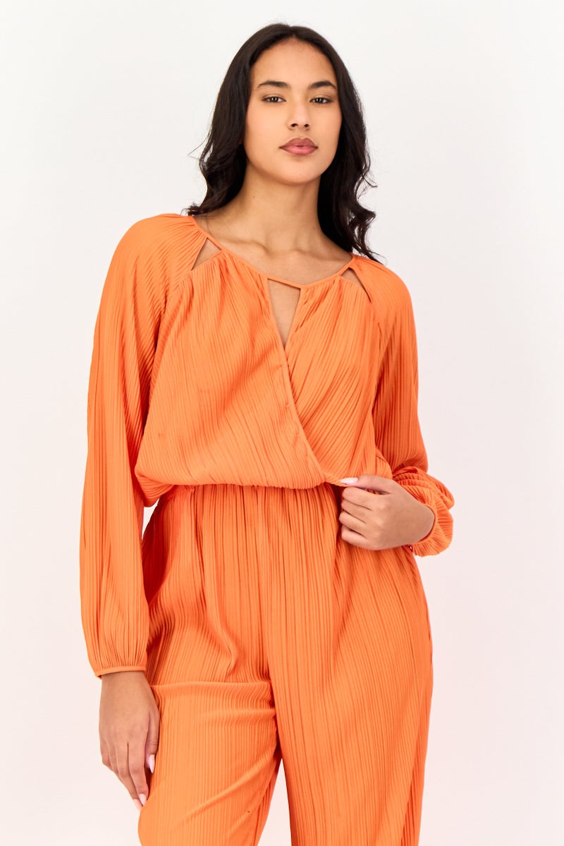 promod Women Textured Long Sleeve Jumpsuit, Orange - Image 4