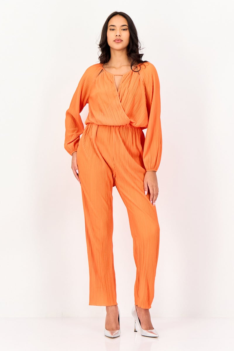 promod Women Textured Long Sleeve Jumpsuit, Orange - Image 1