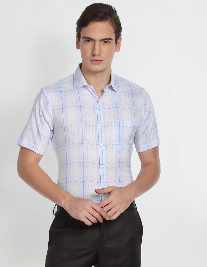 Arrow Light Blue Tartan Check Short Sleeve Shirt for Men | Best Price UAE
