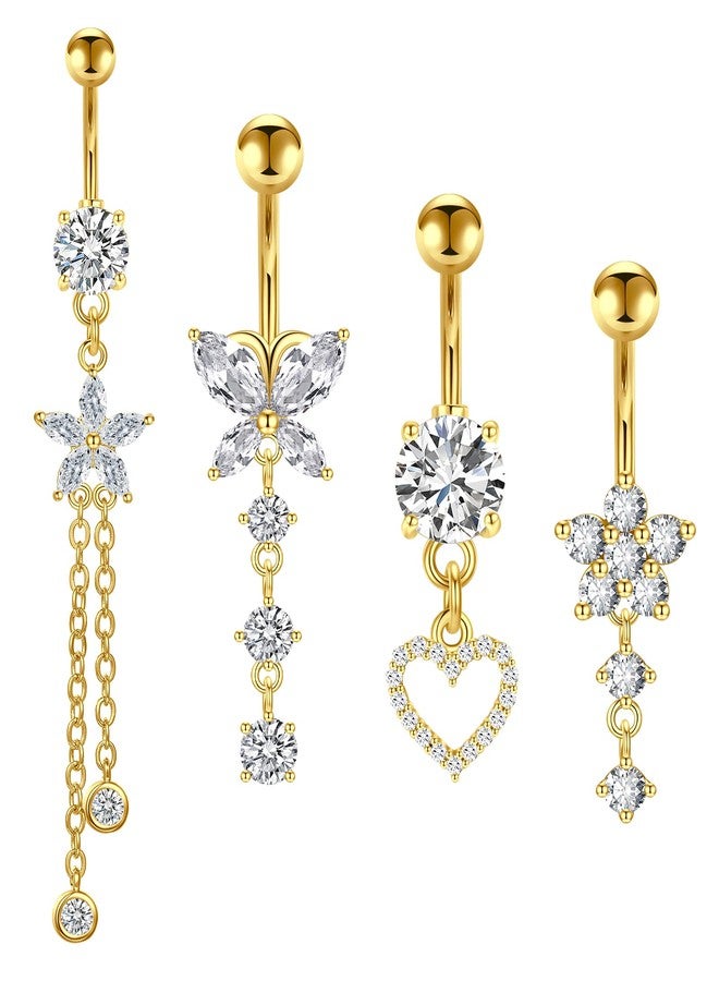 Incaton 14G Belly Button Rings Butterfly Heart Diamond, Stainless Steel Dangle Belly Rings For Women, 6mm Short Bar/ 10mm Hypoallergenic Navel Piercings Gold 10mm - Image 1