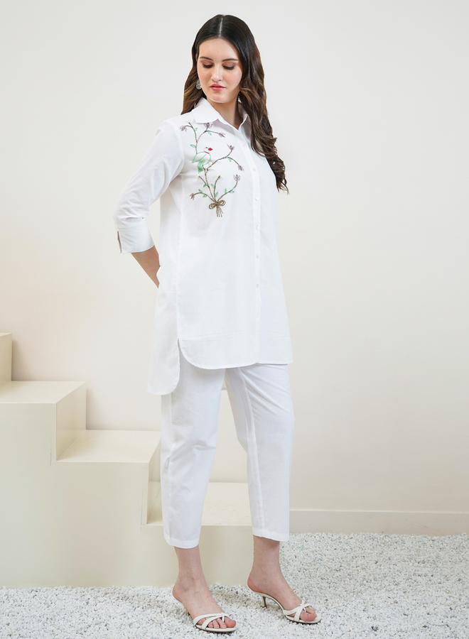 Athena White Cotton Beaded Shirt and Pants Co-ords - Image 3