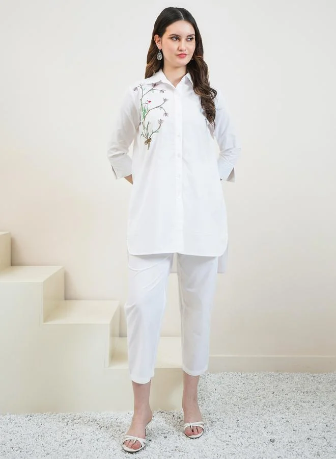 Athena White Cotton Beaded Shirt and Pants Co-ords