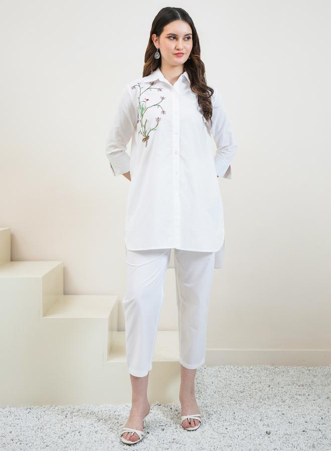 Athena White Cotton Beaded Shirt and Pants Co-ords - Image 1