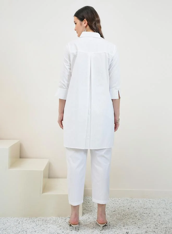 Athena White Cotton Beaded Shirt and Pants Co-ords