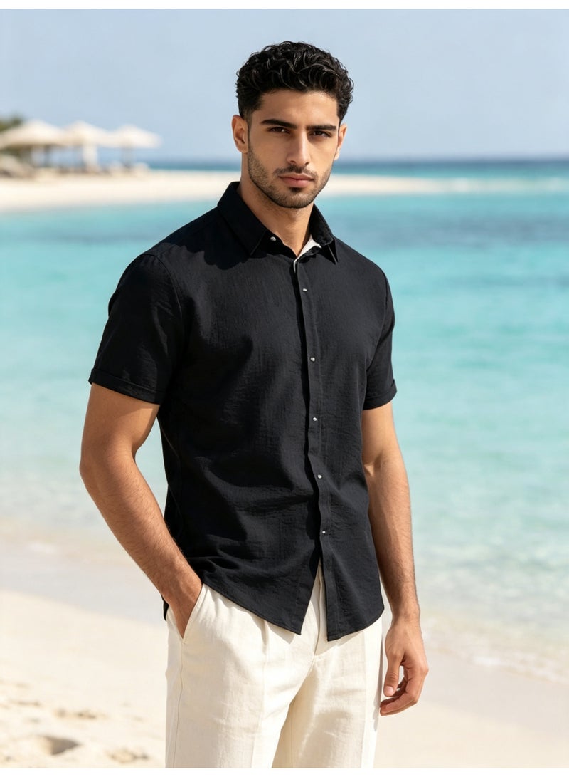 ZARA Men Black Linen Blend Short Sleeve Shirt Lapel Button‑Down Casual Summer Beach Shirt - Image 1