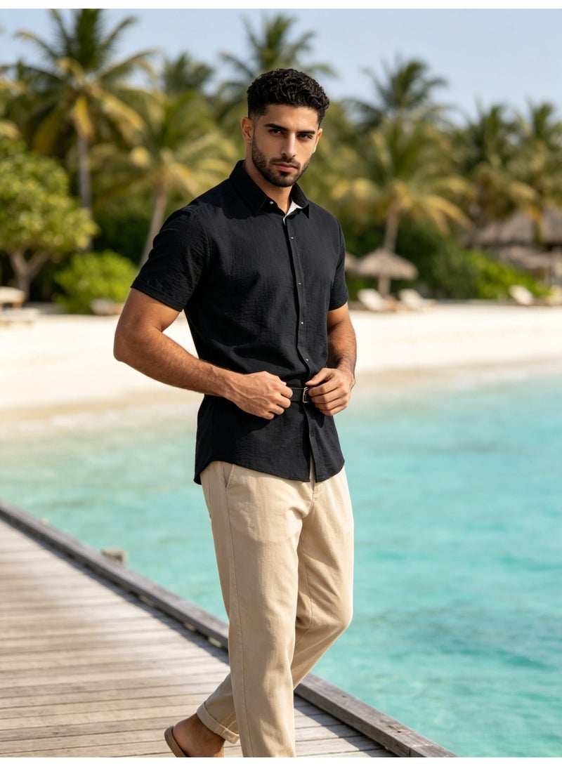 ZARA Men Black Linen Blend Short Sleeve Shirt Lapel Button‑Down Casual Summer Beach Shirt - Image 2