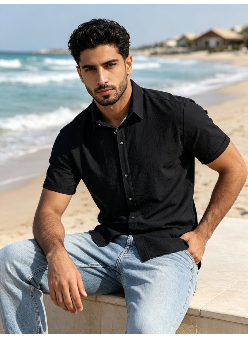 ZARA Men Black Linen Blend Short Sleeve Shirt Lapel Button‑Down Casual Summer Beach Shirt - Image 3