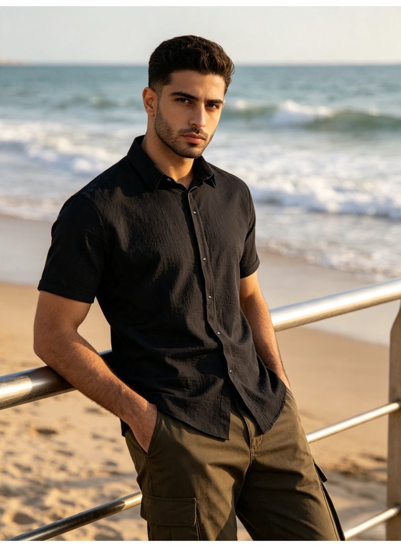 ZARA Men Black Linen Blend Short Sleeve Shirt Lapel Button‑Down Casual Summer Beach Shirt - Image 4
