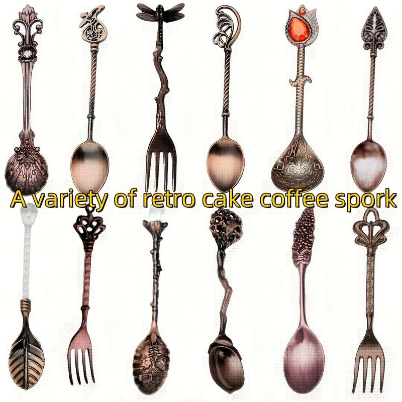 12 Pieces Retro Metal Forks and Spoons Set for Espresso Pastries Hotel - Image 1