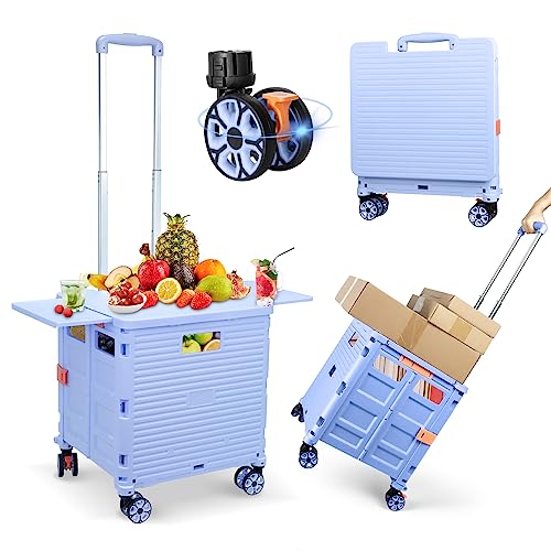 FELICON SELORSS Folding Utility Cart Portable Rolling Crate Handcart with Magnetic Sliding Lid Telescoping Handle Plastic Box Dolly 360Swivel Wheels for Travel Shop Move Office Teacher UseBlue Pro