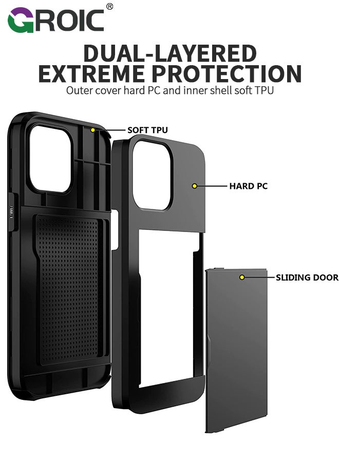 GROIC iPhone 15 Pro Black Wallet Case with Card Holder, Heavy Duty Protective Dual Layer Slide Shockproof Hidden Card Slot Slim Case for Women Men - Image 2