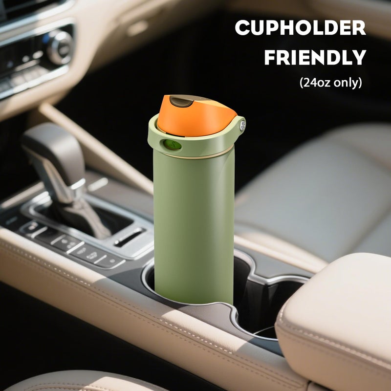 Powcan 24 Oz Metal Sports Water Bottle: 2-In-1 Push-Button Spout & Quick-Flip Straw  Leakproof  Cold 24 Hrs  Fits Car Cup Holder  Insulated Bottle For Hiking  Camping  School  Travel Gift (Olive Cool) - Image 5