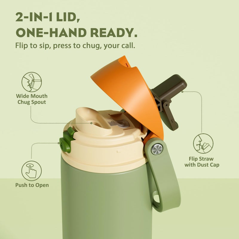 Powcan 24 Oz Metal Sports Water Bottle: 2-In-1 Push-Button Spout & Quick-Flip Straw  Leakproof  Cold 24 Hrs  Fits Car Cup Holder  Insulated Bottle For Hiking  Camping  School  Travel Gift (Olive Cool) - Image 2