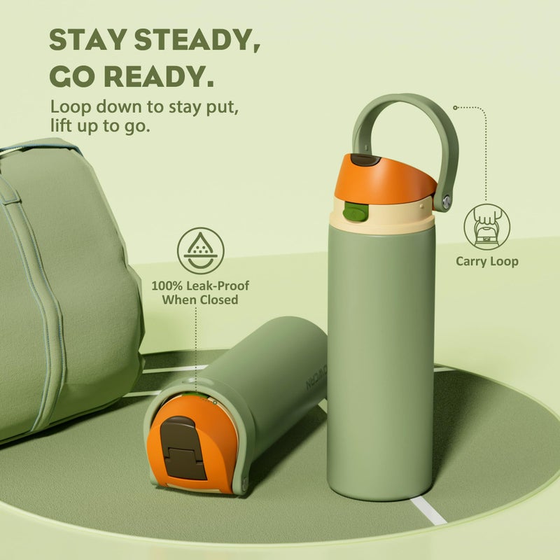Powcan 24 Oz Metal Sports Water Bottle: 2-In-1 Push-Button Spout & Quick-Flip Straw  Leakproof  Cold 24 Hrs  Fits Car Cup Holder  Insulated Bottle For Hiking  Camping  School  Travel Gift (Olive Cool) - Image 4