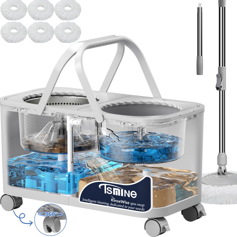 RinseWise Compact Spin Mop for Apartments & Small Spaces, Clean & Dirty Water Separation Mop Bucket for Pet Owners & Daily Cleaning,360Â° Swivel Wheels, Safe for Hardwood & Tile, Adjustable Handle, 6 Mop Heads - Image 1