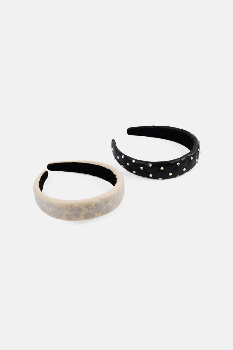 French Connection Women 2 Pieces Quilted Padded Rhinestones Head Band Set, Black/Cream - Image 2