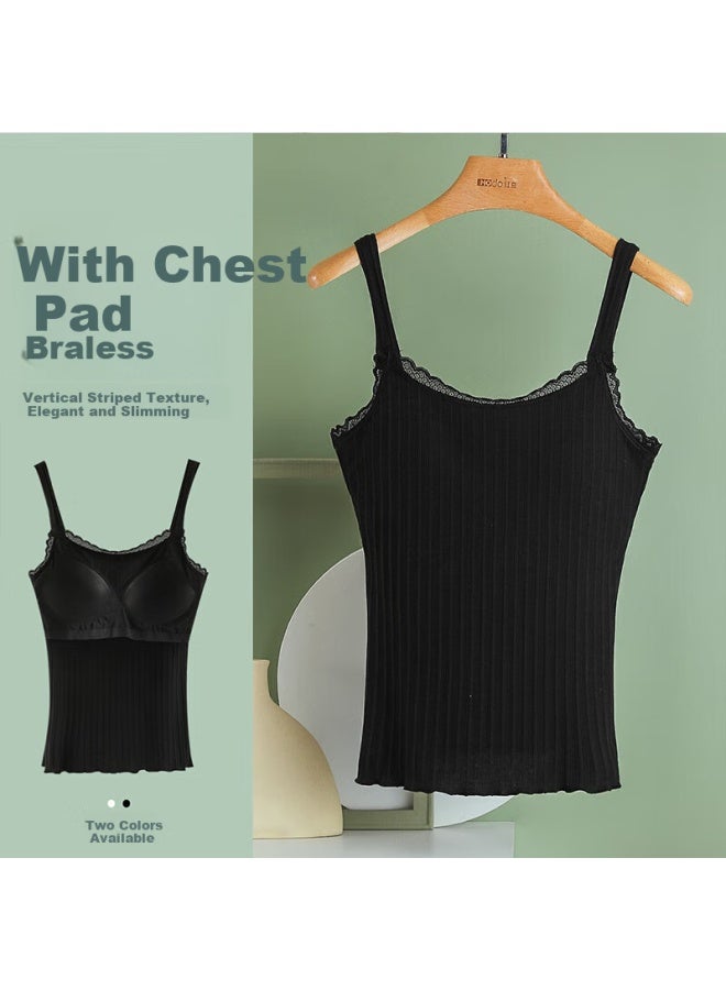 HOdo Hongdou Bra-free Vest For Women Style Striped With Chest Pads, Vertical Stripes, Beautiful Back Camisole, Elegant Black, 170/95 - Image 1