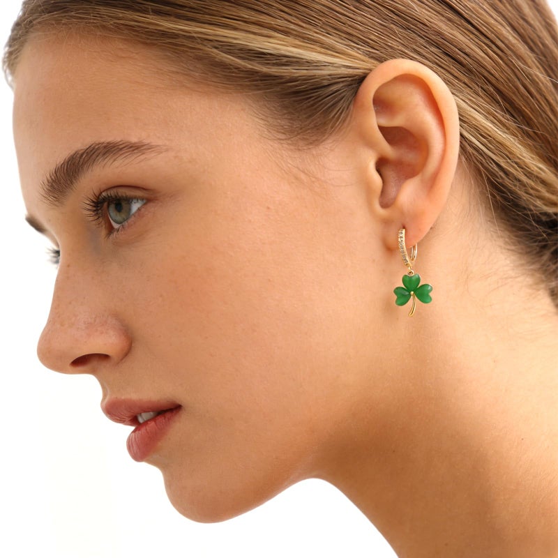 Jean Beau St Patricks Day Green Shamrock Dangle Hoop Earrings for Women, Irish Clover Leaf Gold Plated Cute Trendy Outfit Accessories Jewelry Gift for Holiday - Image 2