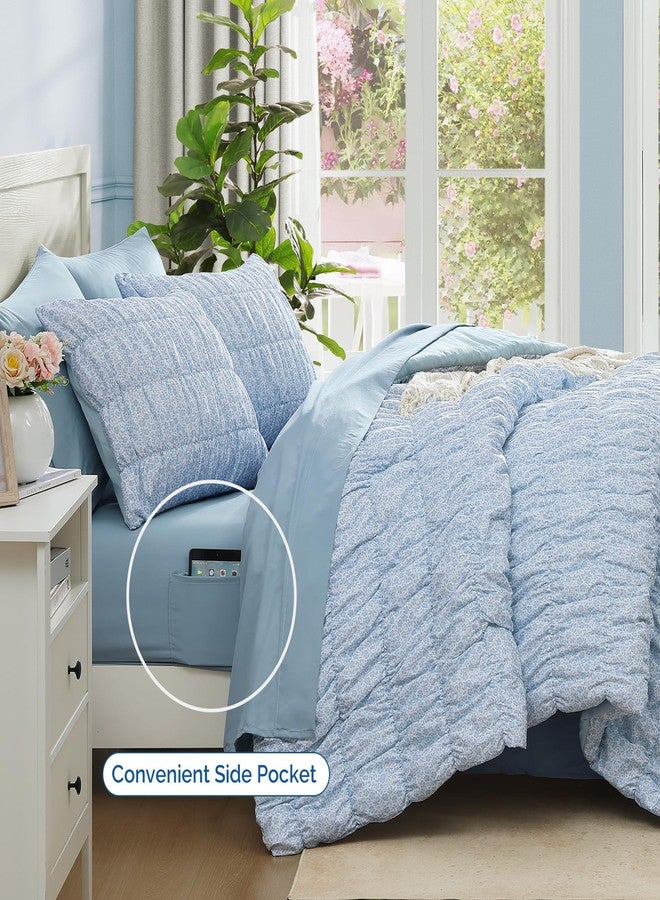 BLOOMHAVEN Queen Comforter Set - 7 Pieces Blue Classic Puff Floral Bedding Sets for All Seasons, Shabby Chic Farmhouse Bed in a Bag Queen with Wildflowers Fluffy Comforter, Sheets, Pillowcases & Shams - Image 3