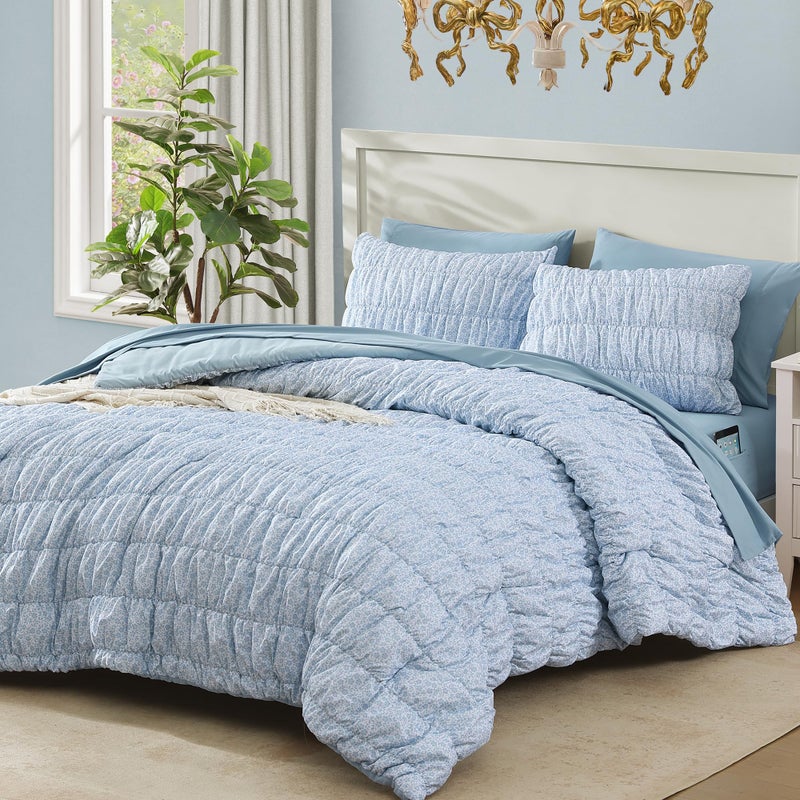 BLOOMHAVEN Queen Comforter Set - 7 Pieces Blue Classic Puff Floral Bedding Sets for All Seasons, Shabby Chic Farmhouse Bed in a Bag Queen with Wildflowers Fluffy Comforter, Sheets, Pillowcases & Shams - Image 1