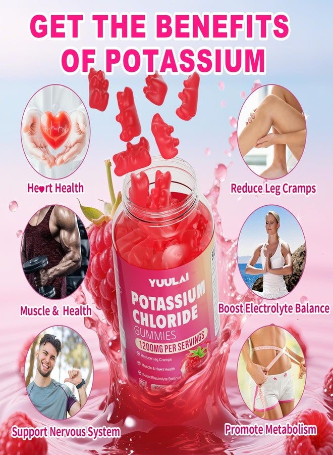 YUULAI Potassium Gummies, Potassium Chloride Gummies 1200mg for Adults, Sugar-Free Potassium Supplement Support Leg Cramps & Electrolyte Balance, Raspberry Flavor, 60 Count - Image 2