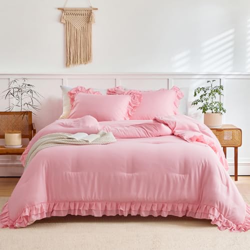 Pink Ruffled Comforter Set Twin Size 3 Pieces 1 Ruffled Comforter and 2 Pillowcases Farmhouse Shabby Chic Style with 2 Layers Ruffle Solid Color Lightweight Soft Fluffy Bedding Sets for Girls