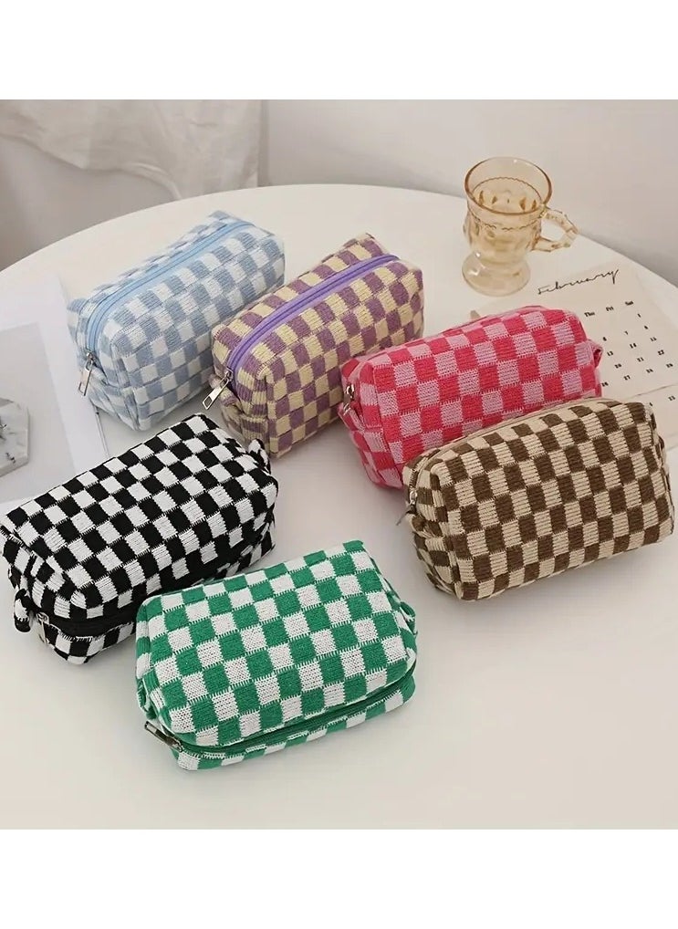ORiTi Checkered Kinitted Cosmetic Bag Makeup Pouch Roomy Zipper Pouch Portable Travel Toiletry Bag Organizer  - Image 2