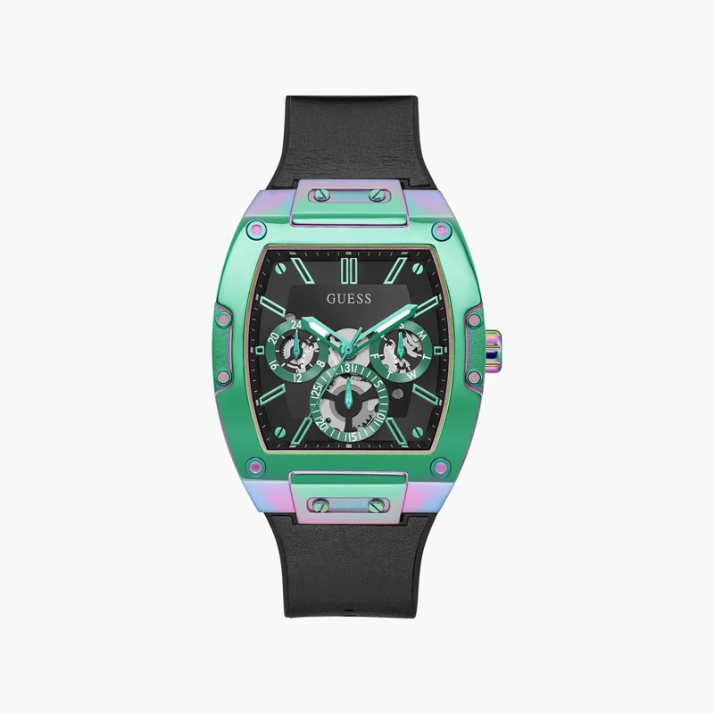 جس Guess Men's Black Analog Watch with Green Accents