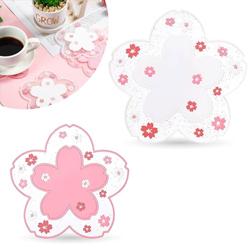2Pcs Cherry Blossom Coasters for Coffee Table  Heat Resistant Cherry Blossom Decor Non Slip Mat Clear Coasters Table Cup Mat Coffee Mat Gift  Cute Coasters for Desk Set of 2 for Home Office Bar