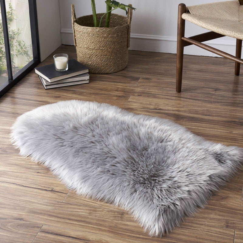 Faux Fur Rug Sofa Chairs Cover Grey Small Rug for Bedroom 2X3 Shaggy Furry Rugs for Kids Room Shag Fluffy Rugs for Nursery Room Soft Fuzzy Plush Carpet Cute Floor Dorm Decor